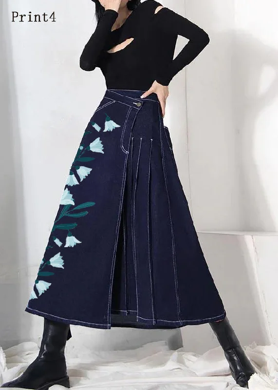 Boho denim blue-print4 zippered asymmetrical design Summer Skirt low waist skirt