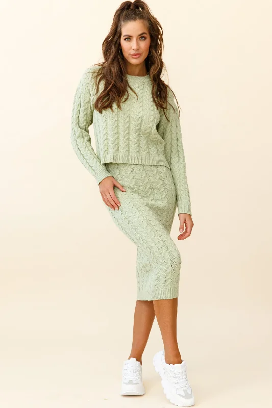 Cozy Up Cable Knit Midi Skirt Green velvet skirt luxury