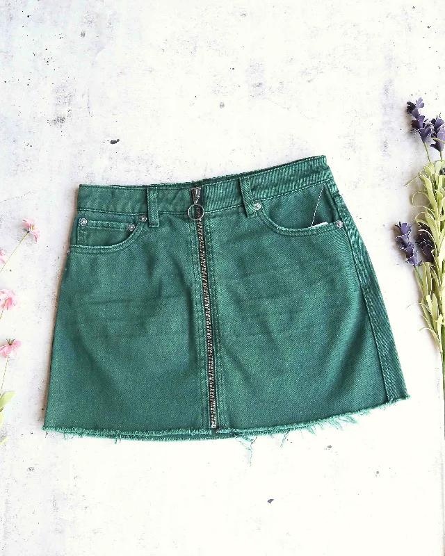 Free People - Front Zip It Up Denim Mini Skirt With Frayed Hem in Wilderness Green breathable skirt fabric