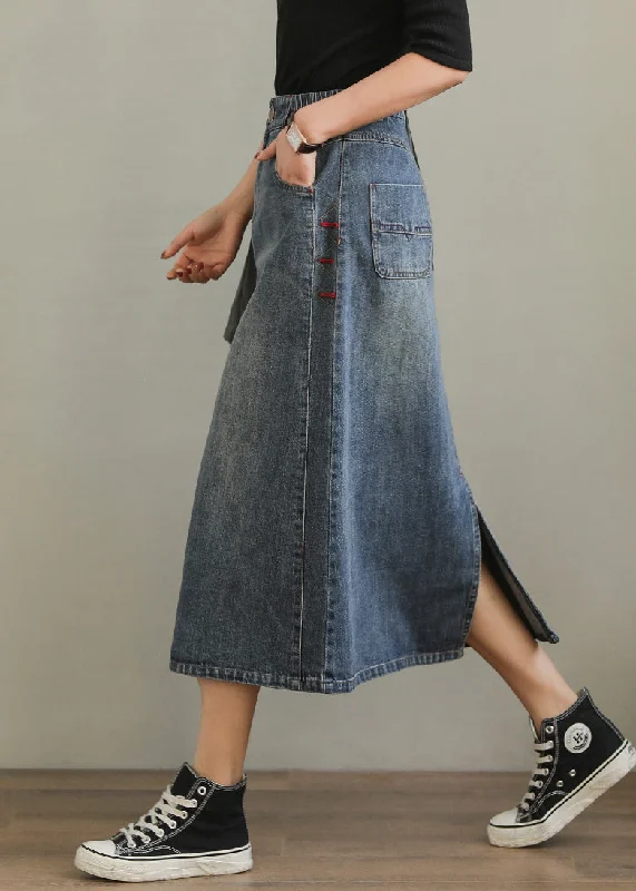 New Denim Blue Pockets Side Open High Waist Denim Skirt Summer velvet skirt plush