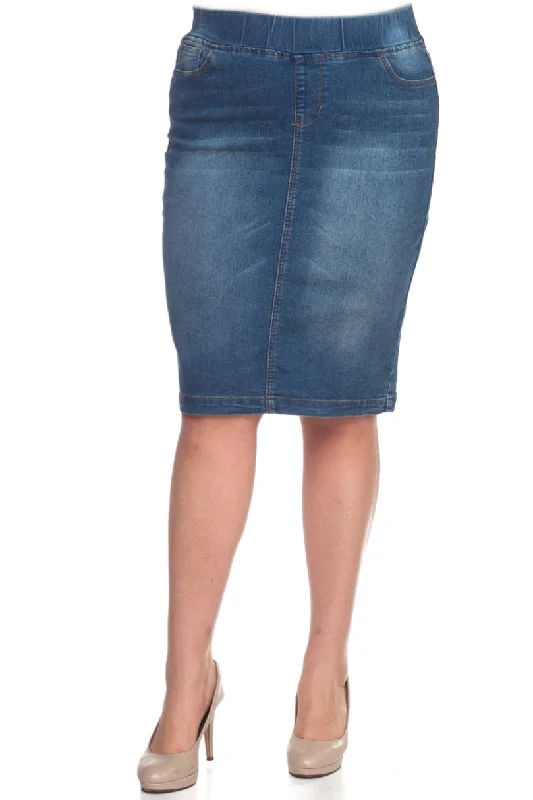 Plus Vintage Wash Denim Pencil Skirt 77104 elastic waist skirt