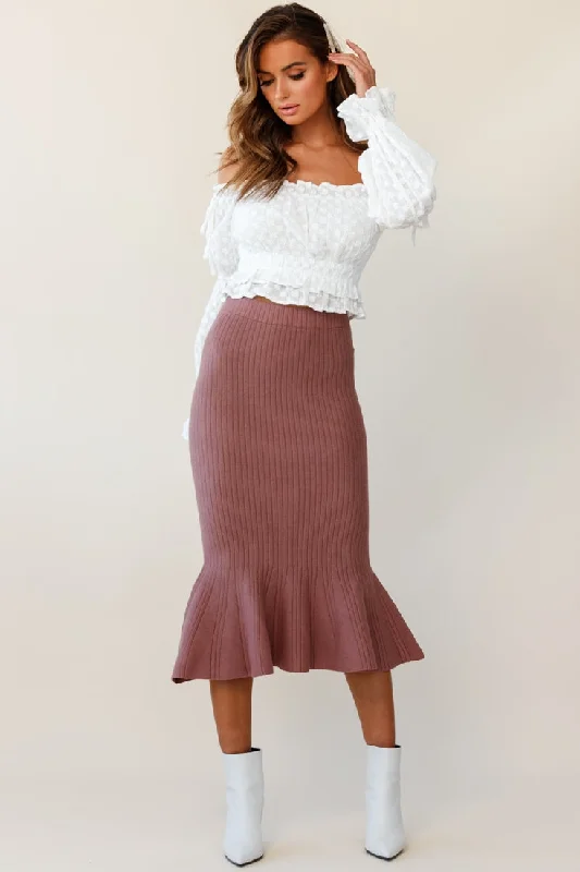 Shalon Ribbed Knit Fluted Hem Midi Skirt Antique Rose denim skirt stylish