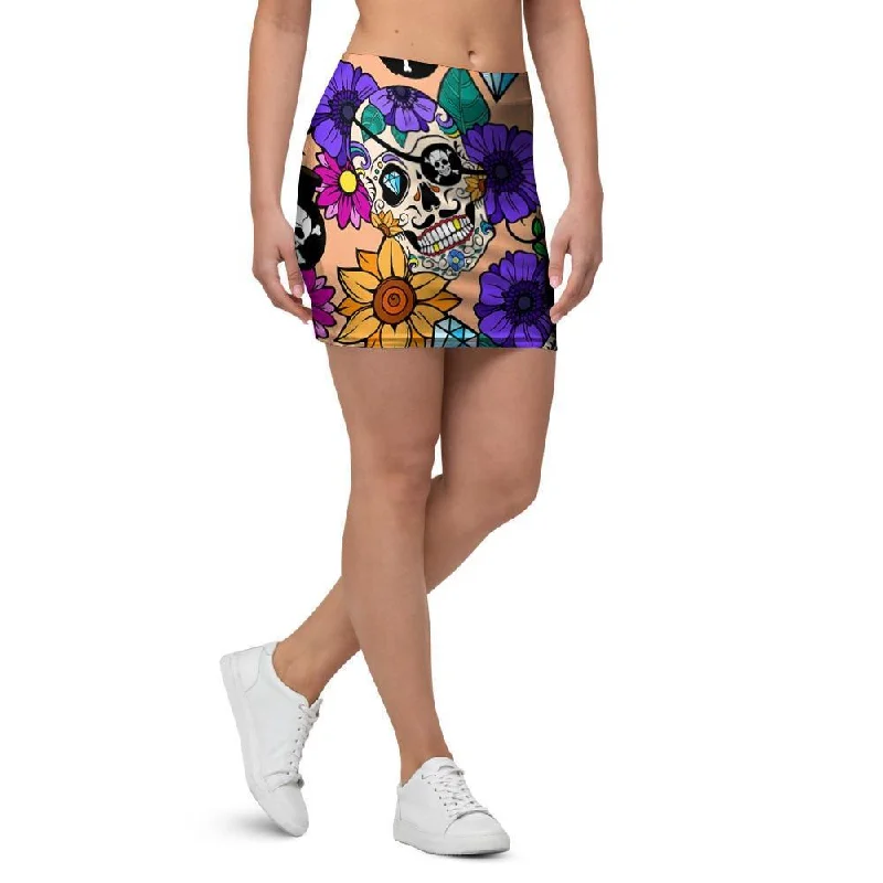 Sugar Skull Flower Mini Skirt linen skirt relaxed