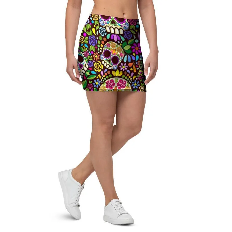 Sugar Skull Mexican Floral Mini Skirt spandex blend skirt