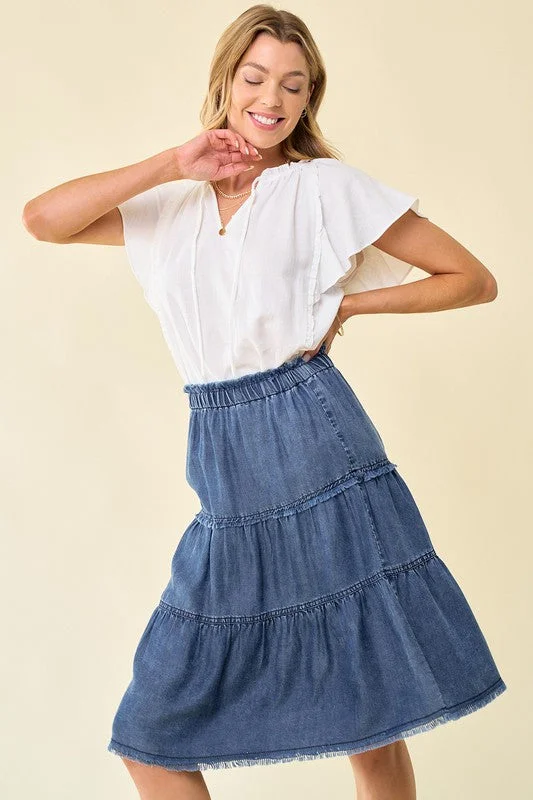 Tiered Frayed Denim Skirt 6420 leather skirt refined