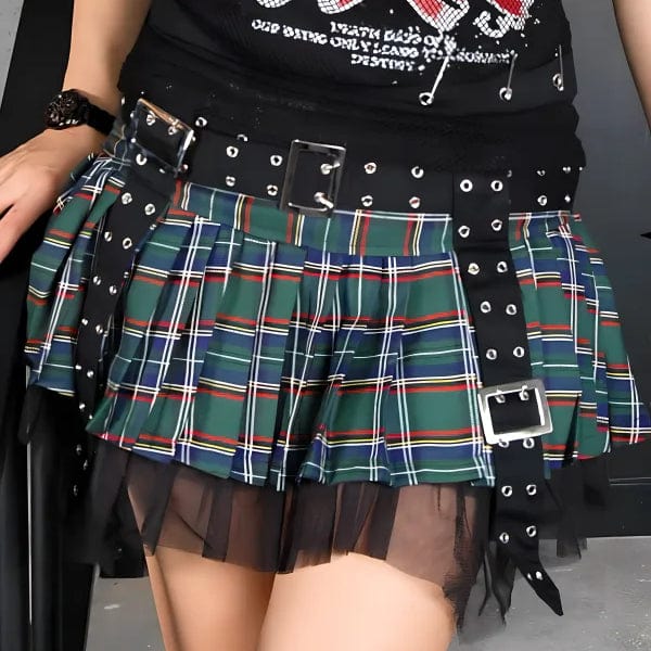 Women's Grunge Eyelet Buckled Plaid Pleated Skirt Green leather skirt sleek