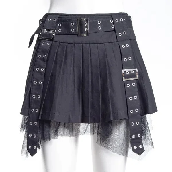 Women's Punk Eyelet Buckled Pleated Skirt corduroy skirt cozy