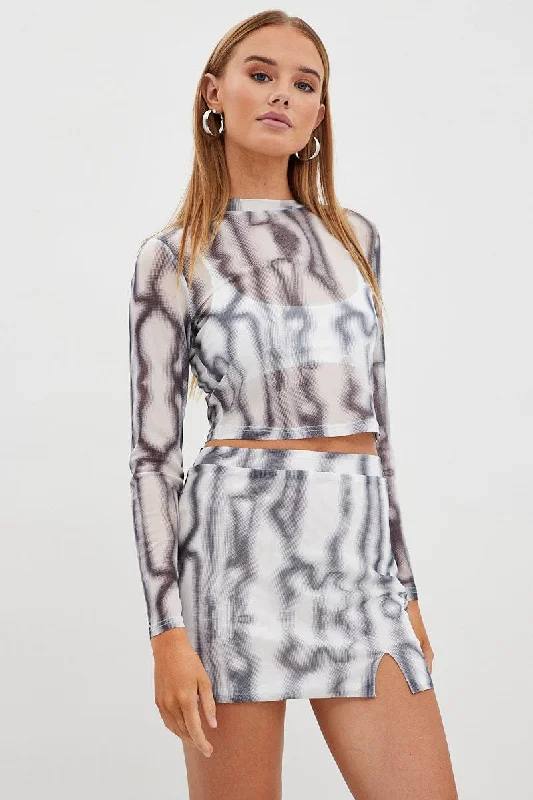 Black Abstract Mini Skirt High Rise Mesh belted skirt waist