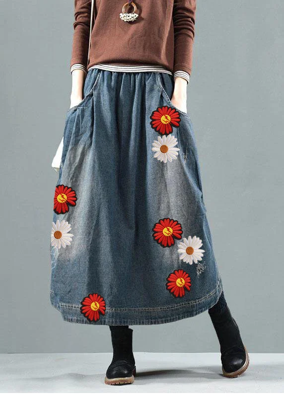 Blue-red flower Pockets Retro Patchwork Summer Skirts Denim leather skirt sleek