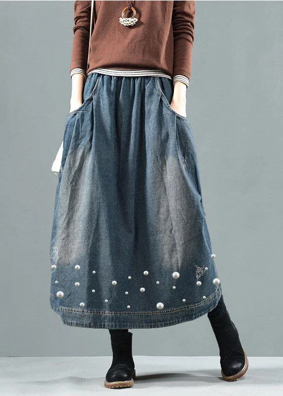 Blue-Pearl Pockets Retro Patchwork Summer Skirts Denim denim skirt stylish