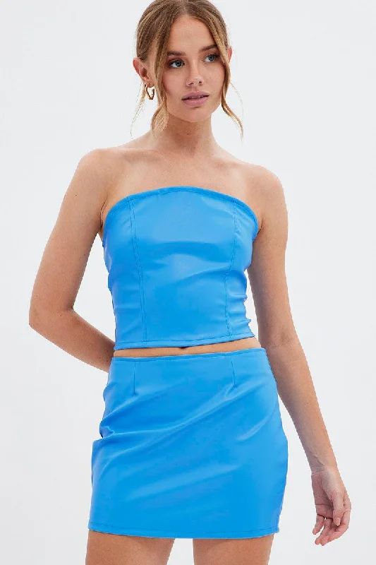 Blue Faux Leather Mini Skirt Mid Rise Stretch silk skirt elegant