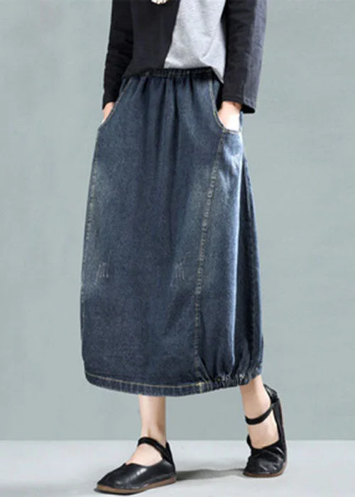 Dark Blue Patchwork Denim A Line Skirt Wrinkled Spring leather skirt bold