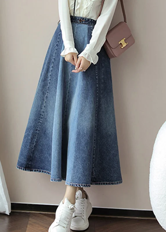 DIY Blue High Waist Sashes Denim A Line Skirts Fall cashmere skirt fine