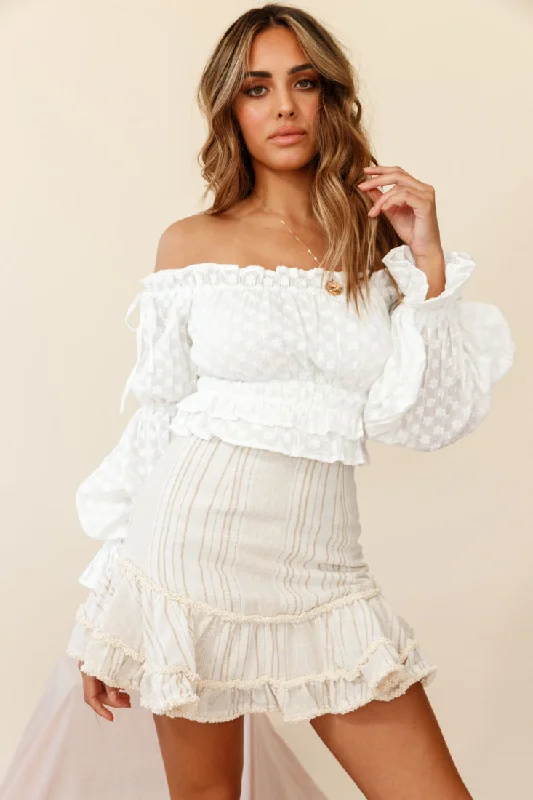 Eve Ruffle Hem Linen Blend Skirt White/Mocha Stripe denim skirt stylish
