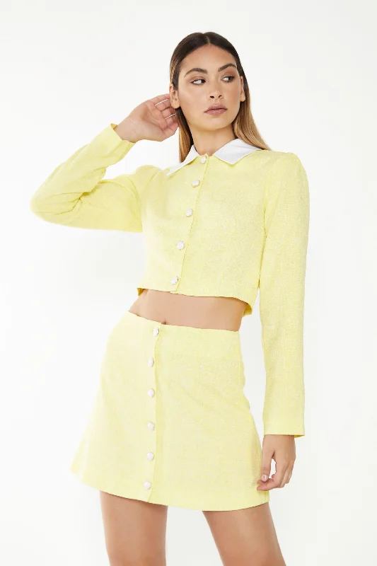 Glamorous Yellow Tweed Mini Skirt button skirt front