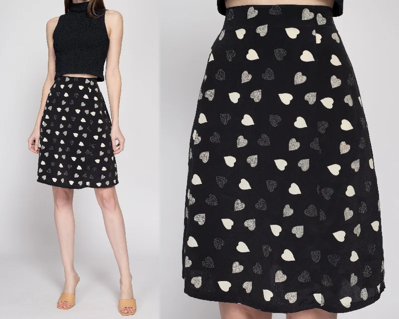 Medium 90s Black Heart Print Mini Skirt 27" chiffon skirt airy