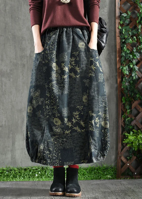 Natural Blue Pockets Print High Waist Denim Skirts Fall lace skirt romantic