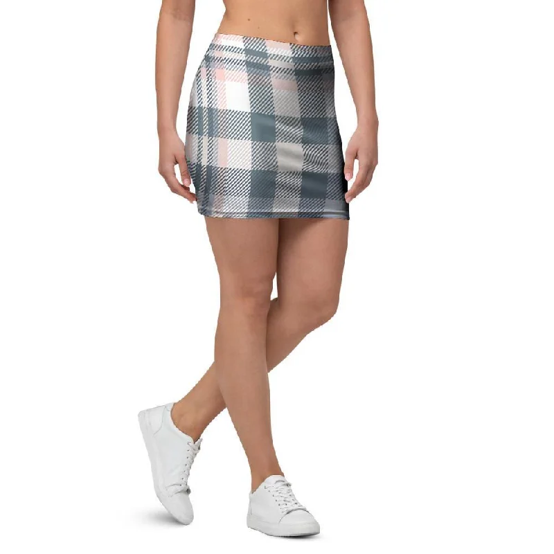 Pink Grey Plaid Tartan Mini Skirt low waist skirt
