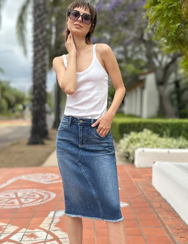 Reveal Denim Midi Skirt pleated skirt texture