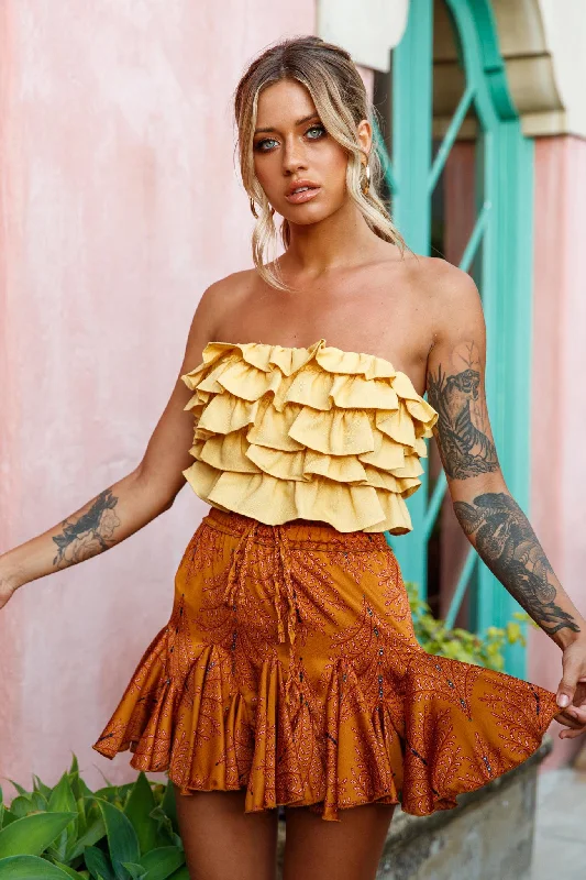 Robyn Flounce Mini Skirt Leaf Pattern Mustard leather skirt sleek