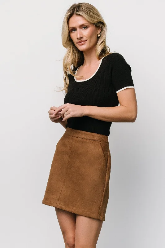 Rylan Faux Suede Short Skirt | Caramel leather skirt durable