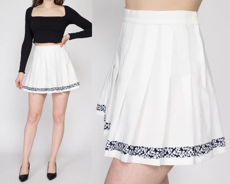 Small 90s White Floral Trim Mini Tennis Skirt 27" linen skirt airy