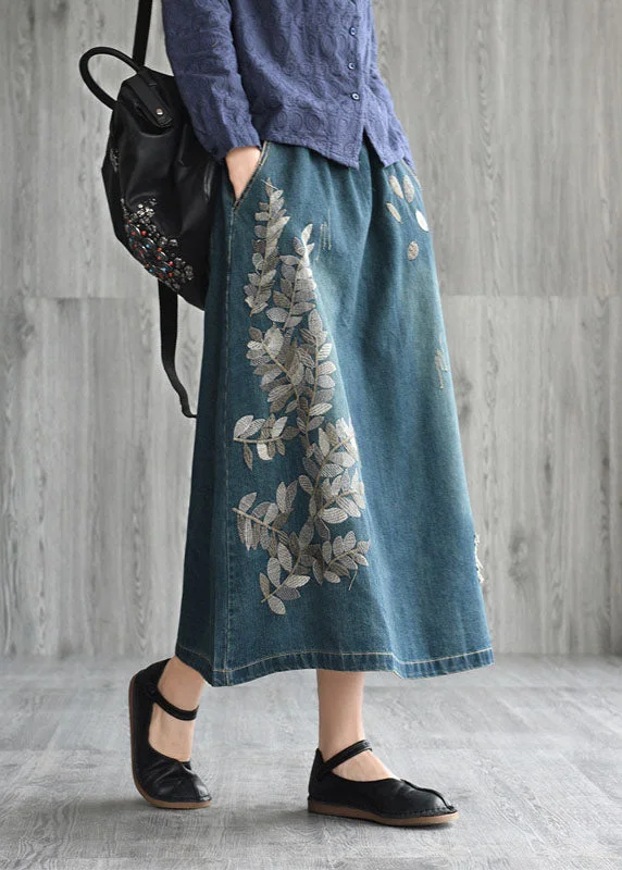 Unique Navy Patchwork Embroideried Denim Skirt Spring high waist skirt