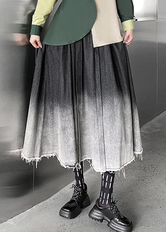 Vintage Gradient Color Wrinkled Elastic Waist Patchwork Denim Skirts Fall linen skirt light