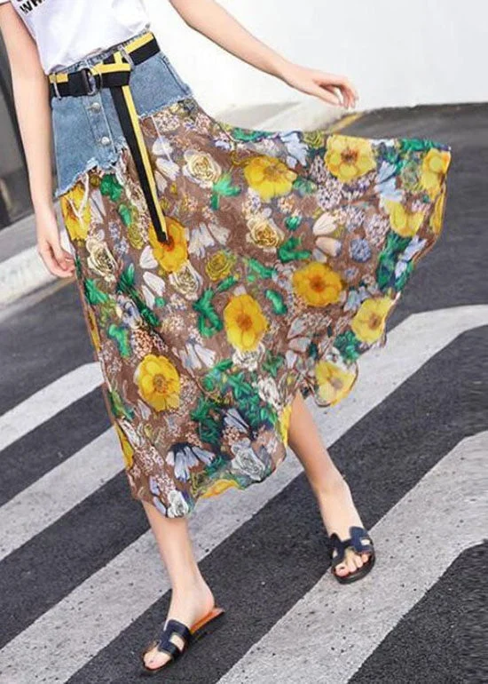 Yellow Print Chiffon Skirts Patchwork Denim Summer cotton skirt soft